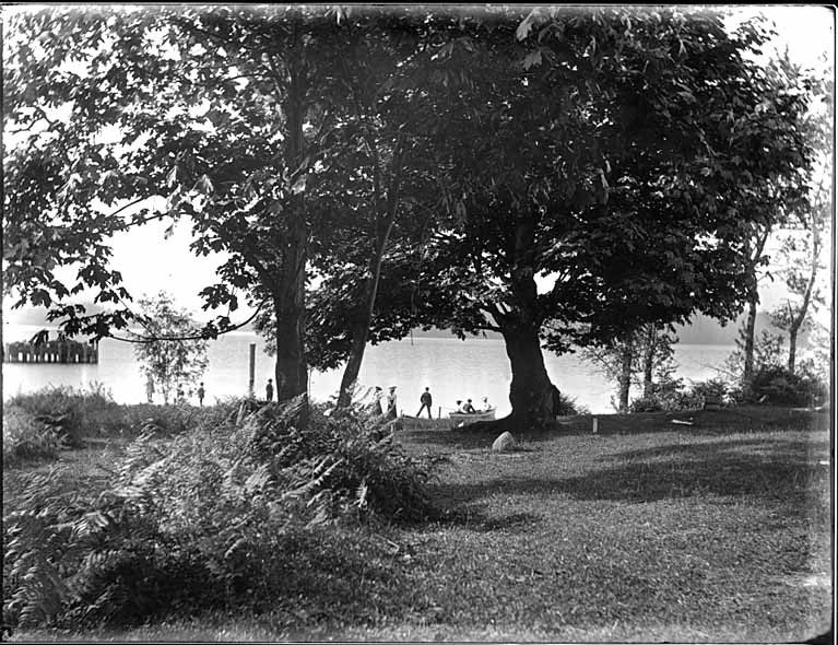 Bryn Mawr's Lake Washington shoreline on Decoration Day, May 30, 1904 — families under the shade trees at the water's edge, a boat pulled up on the grass